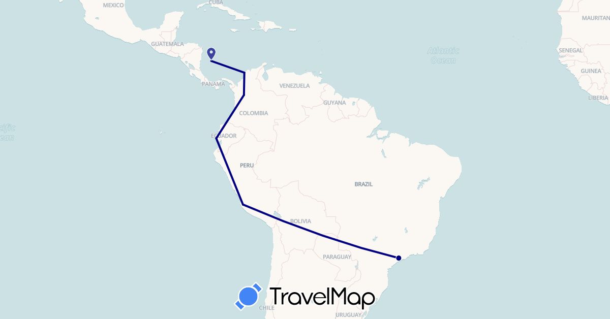 TravelMap itinerary: driving in Brazil, Colombia, Ecuador, Peru (South America)